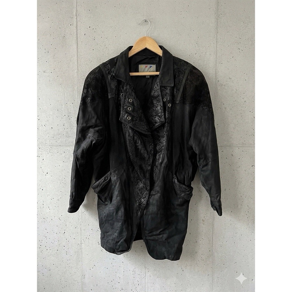 VTG 80s Wilsons Leather Duster Coat Womens L Black Paisley Asymmetrical Matrix